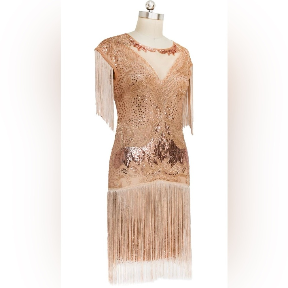 FAIRY Women's Small 1920s Vintage Gatsby Fringe Flapper Dress Rose Gold- NWT